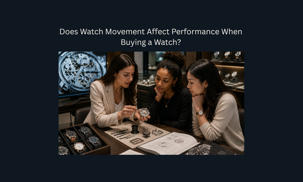 Three women analyzing mechanical watch movement performance in a luxury watch boutique.