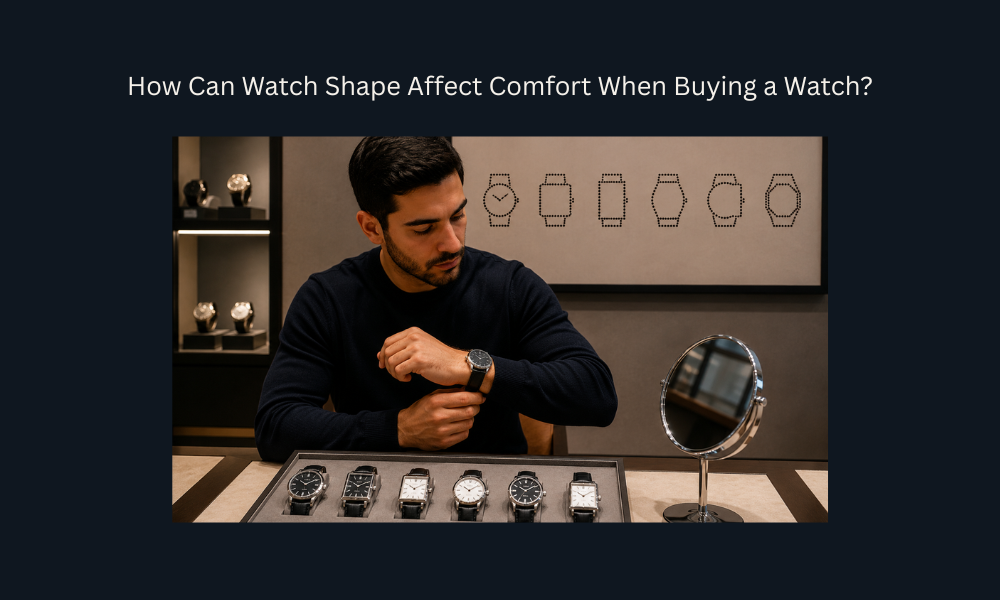 Man comparing watch shapes for better wrist comfort and fit in a luxury watch store.