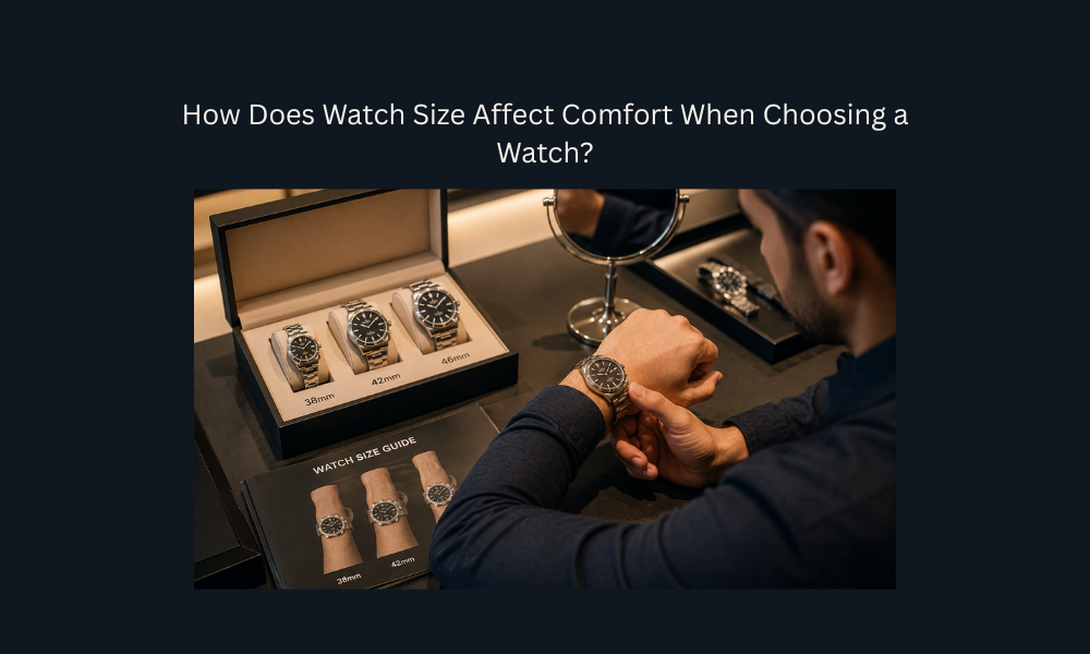 Man comparing watch sizes for better comfort and wrist fit in a luxury watch store.