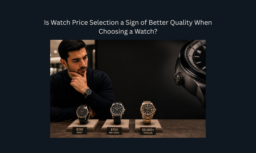 Man comparing luxury watch prices and quality levels in a premium watch store.