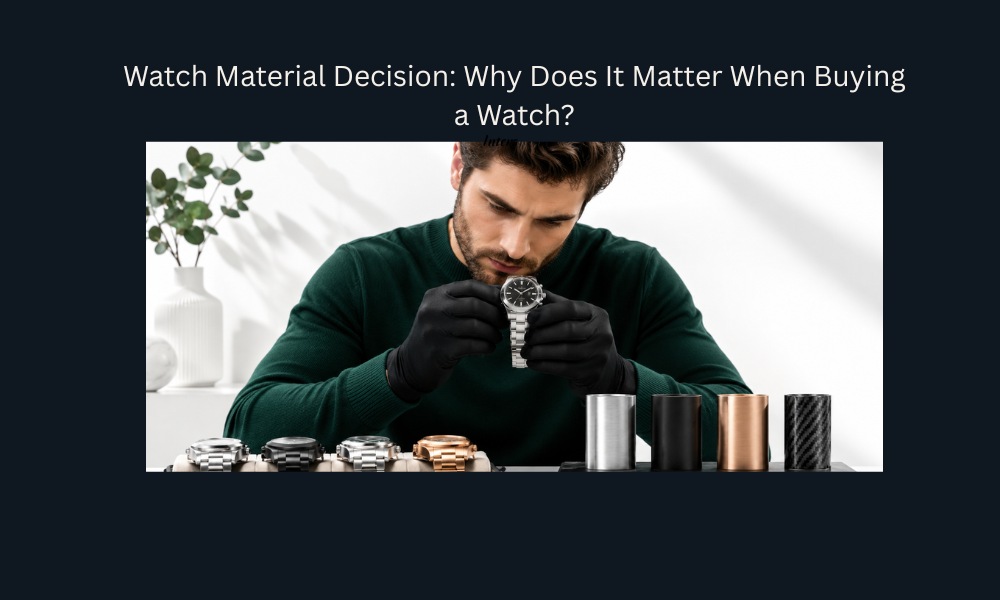 Man inspecting luxury watch materials beside premium stainless steel, titanium, and carbon fiber watches in a modern white studio.