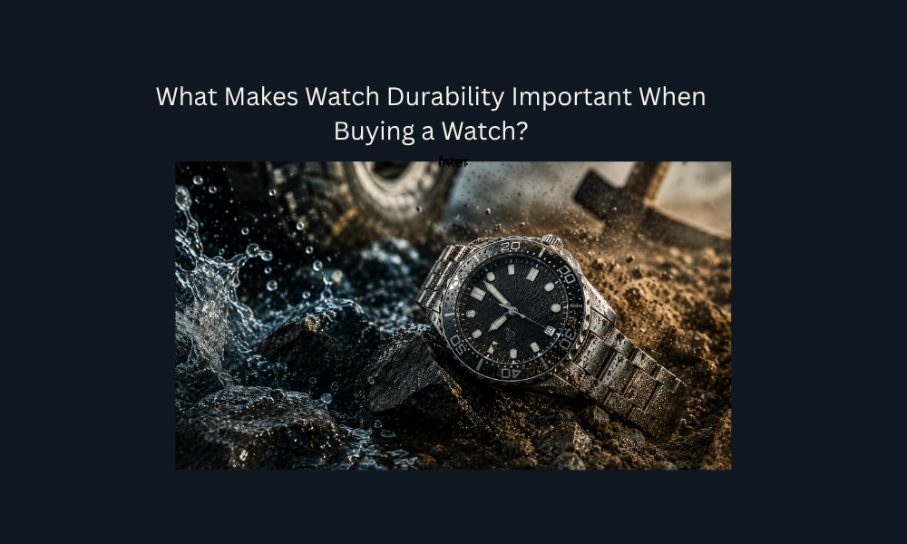 Durable stainless steel watch covered in water and mud on rocky terrain during extreme outdoor conditions.