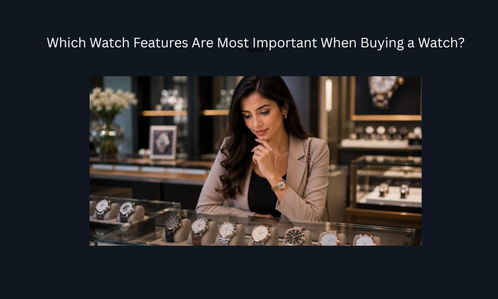 Woman comparing luxury watch features in a premium watch store.
