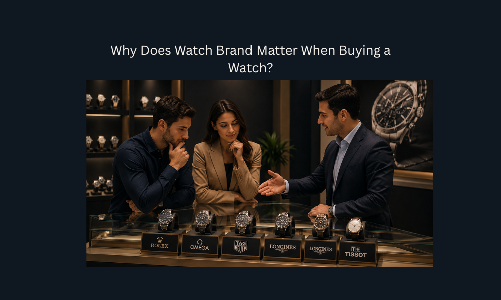 Luxury watch buyers comparing premium watch brands in a modern showroom.