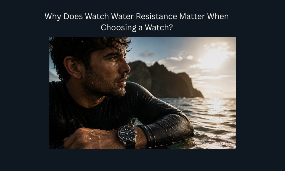 Man wearing a water-resistant luxury watch while floating in the ocean at sunset