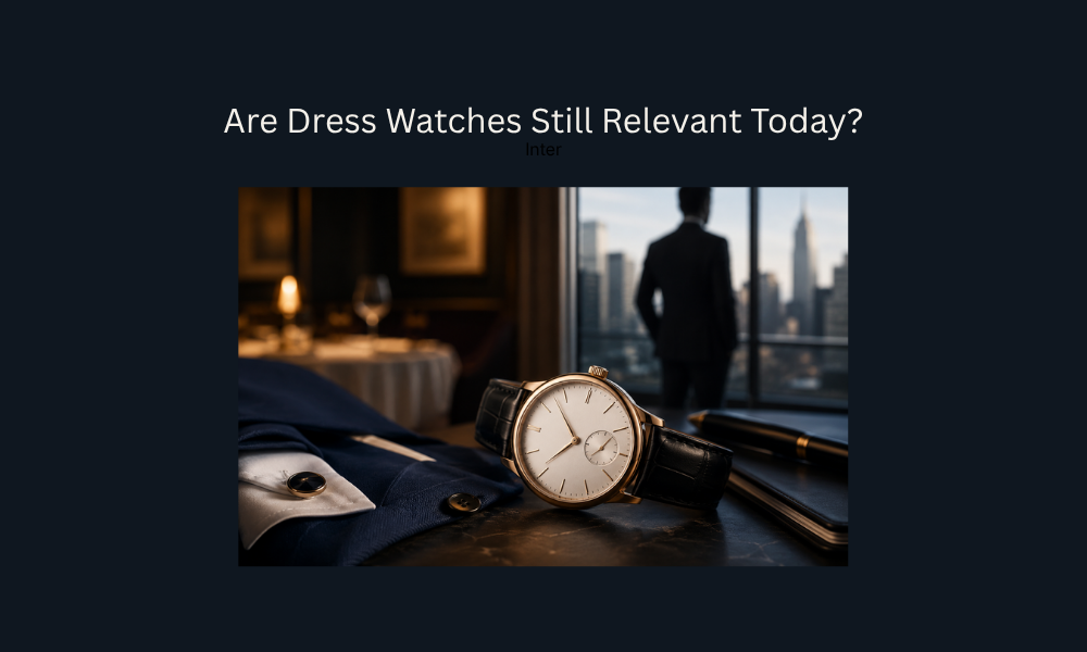 Elegant dress watch displayed beside a tailored suit in a sophisticated modern setting.