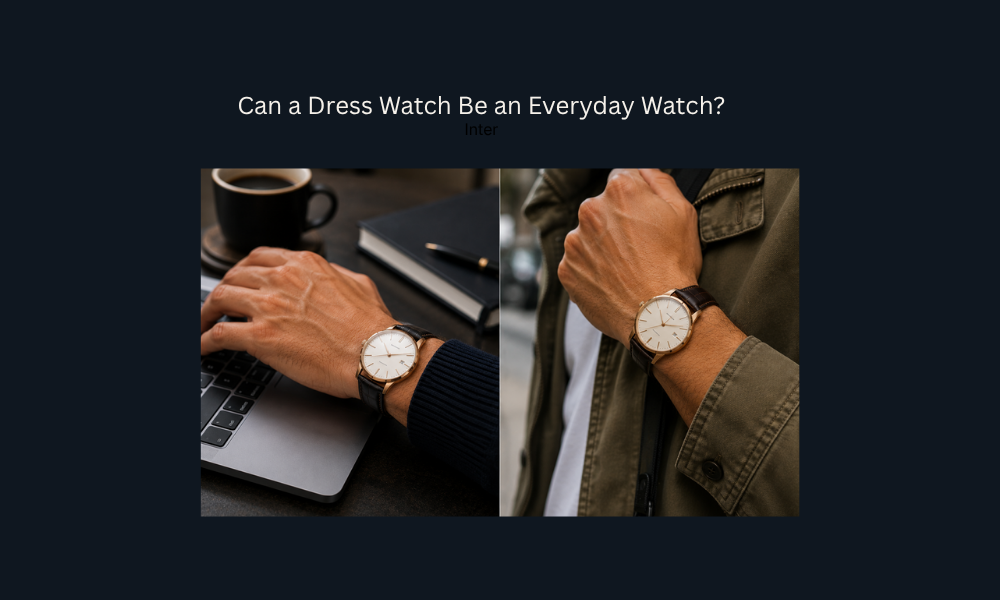 Dress watch worn during everyday activities, including work and casual daily routines.