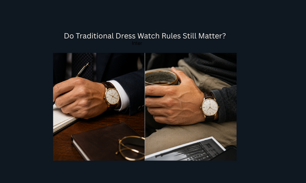 Dress watch worn in both formal and casual settings, reflecting modern watch versatility.