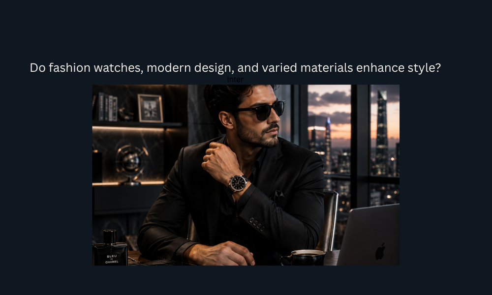 Fashion watch with modern design worn by a stylish professional in a luxury office.