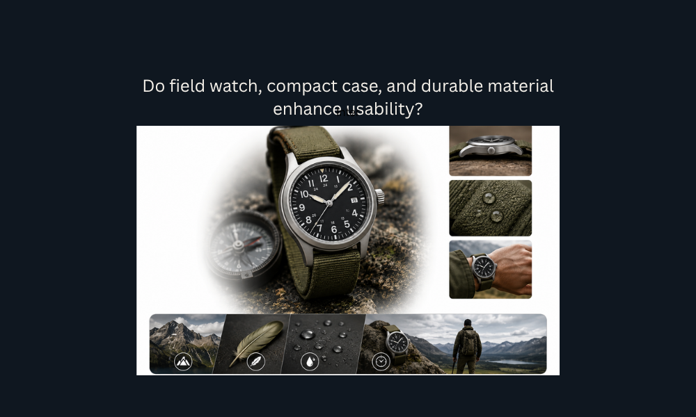 Field watch with a compact stainless steel case and durable nylon strap in a rugged outdoor environment, emphasizing usability and reliability.