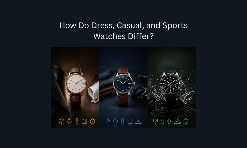 Comparison of dress, casual, and sports watches showcasing elegance, versatility, and durability in a premium luxury watch display.