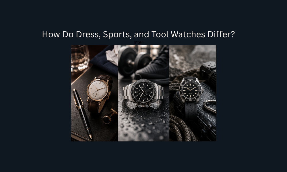 Dress, sports, and tool watches displayed side by side to compare their unique styles and purposes.