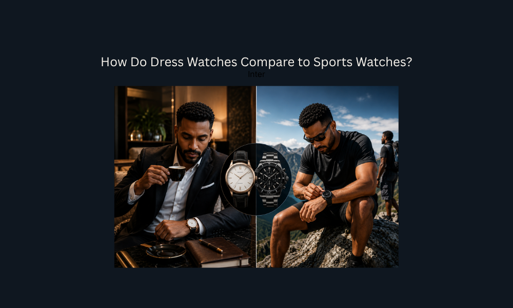 Dress watch and sports watch comparison featuring a businessman in a formal setting and an athlete in a rugged outdoor environment.