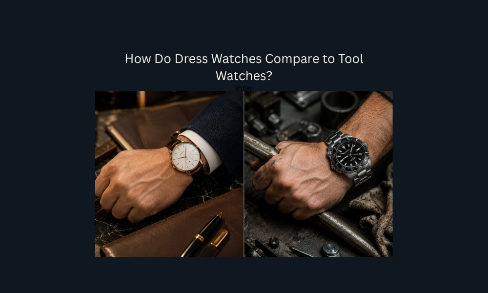 Dress watch vs tool watch comparison showing elegance and rugged functionality through wrist-focused scenes.
