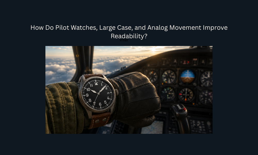 Pilot watch with large analog dial displayed inside an aircraft cockpit on a clean white background, highlighting readability and aviation-inspired design.
