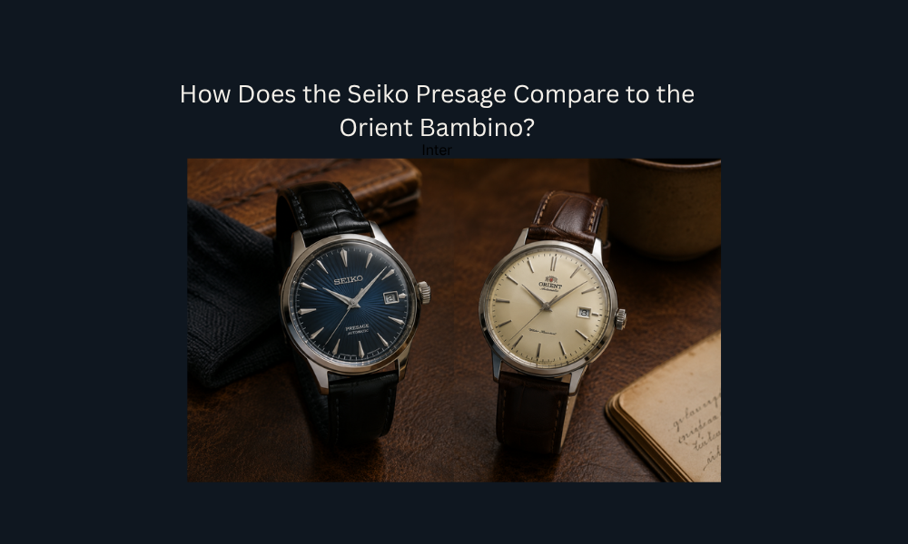 Seiko Presage and Orient Bambino dress watches side by side on a leather surface, showcasing dial design, finishing quality, and classic automatic watch styling.