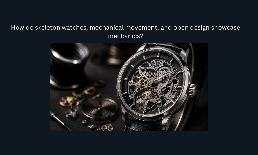 Skeleton watch with an exposed mechanical movement and open-work dial revealing intricate gears and precision engineering.