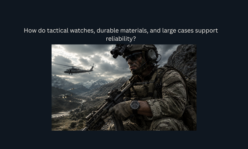 Military soldier wearing a rugged tactical watch in a harsh mountain environment.