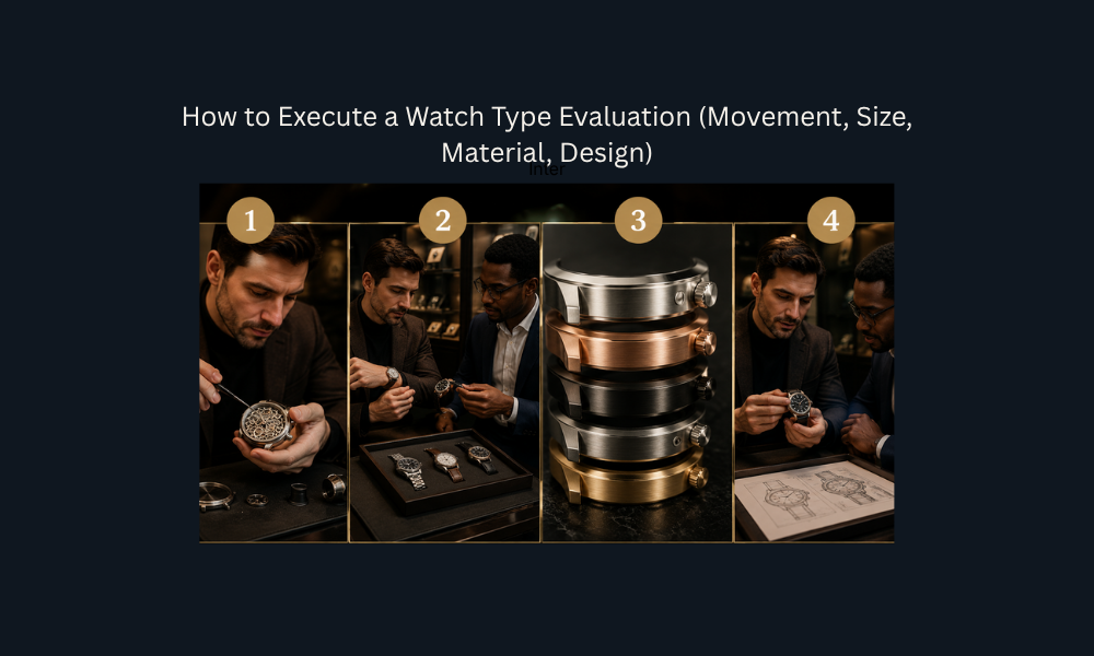 Professional watch type evaluation process showing movement inspection, wrist size assessment, material comparison, and design analysis during a luxury watch consultation.