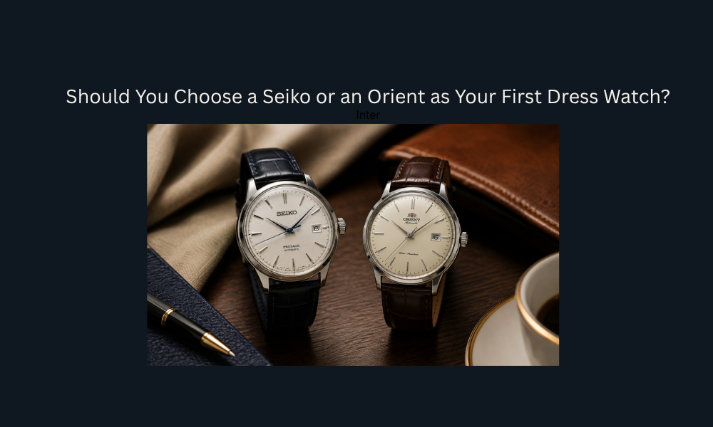 Seiko Presage and Orient Bambino dress watches displayed side by side, comparing classic design, finishing, and value for a first dress watch.
