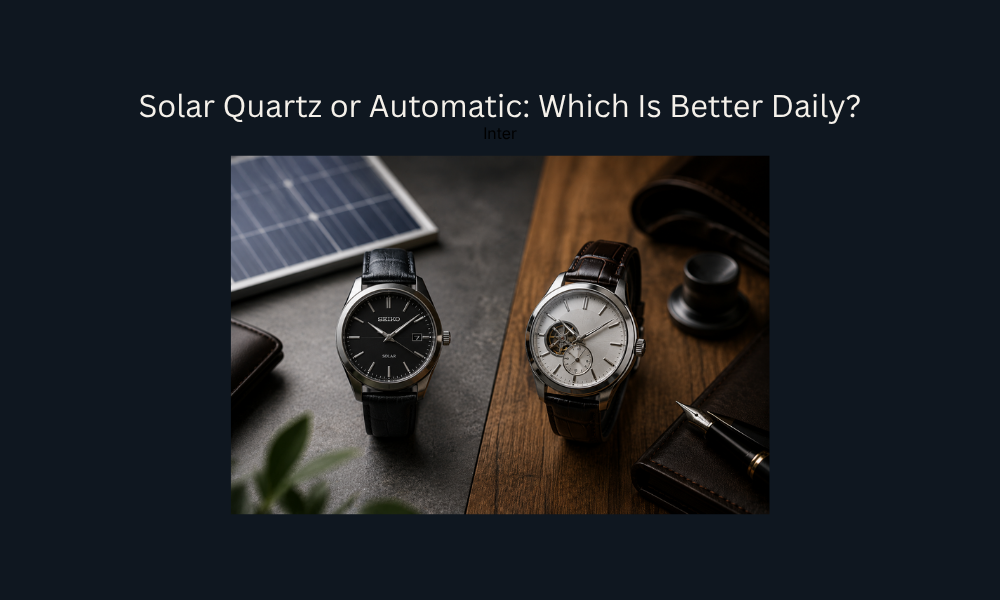Solar quartz and automatic watches displayed side by side for an everyday wear comparison.