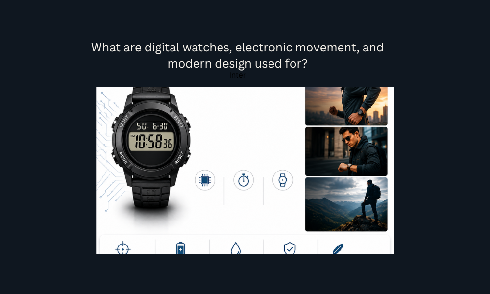 Digital watch with electronic movement and modern design displayed alongside fitness, everyday, and outdoor lifestyle scenes.