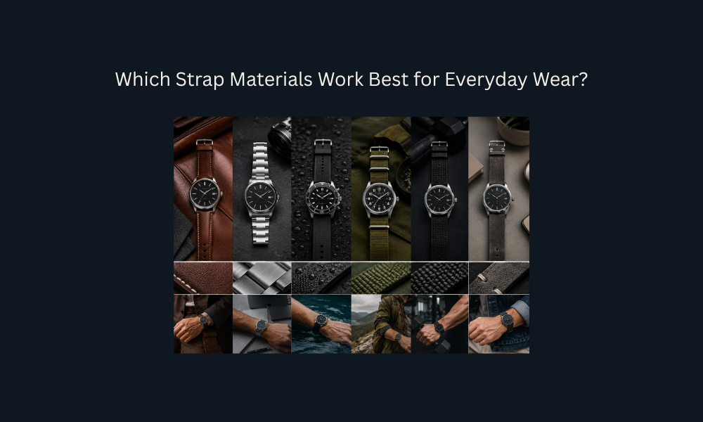 Premium comparison of leather, stainless steel, rubber, nylon, fabric, and suede watch straps for everyday comfort and durability.