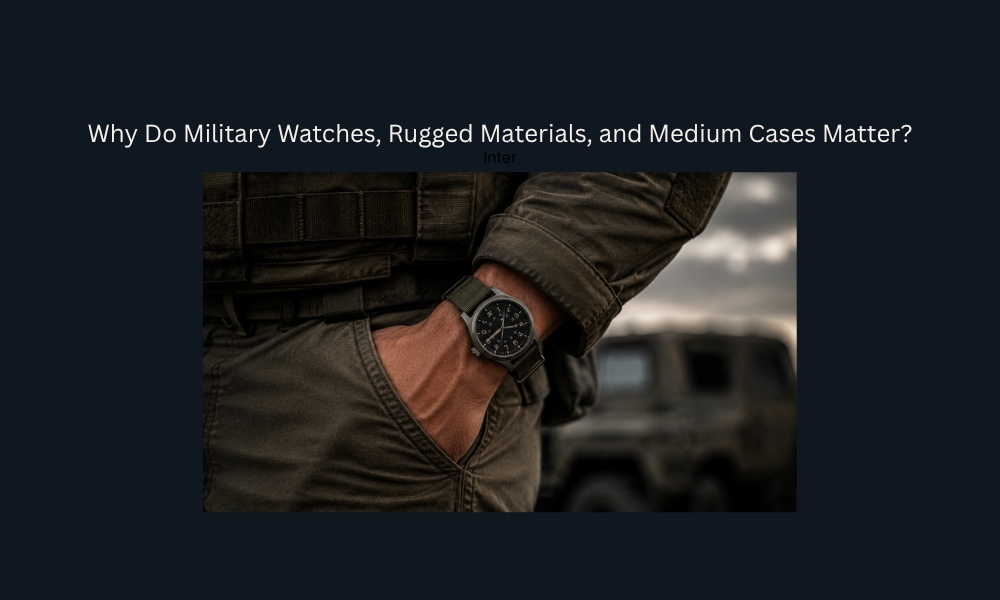 Military field watch worn by a soldier with a hand in a cargo pocket, highlighting rugged durability, tactical design, and outdoor readiness.