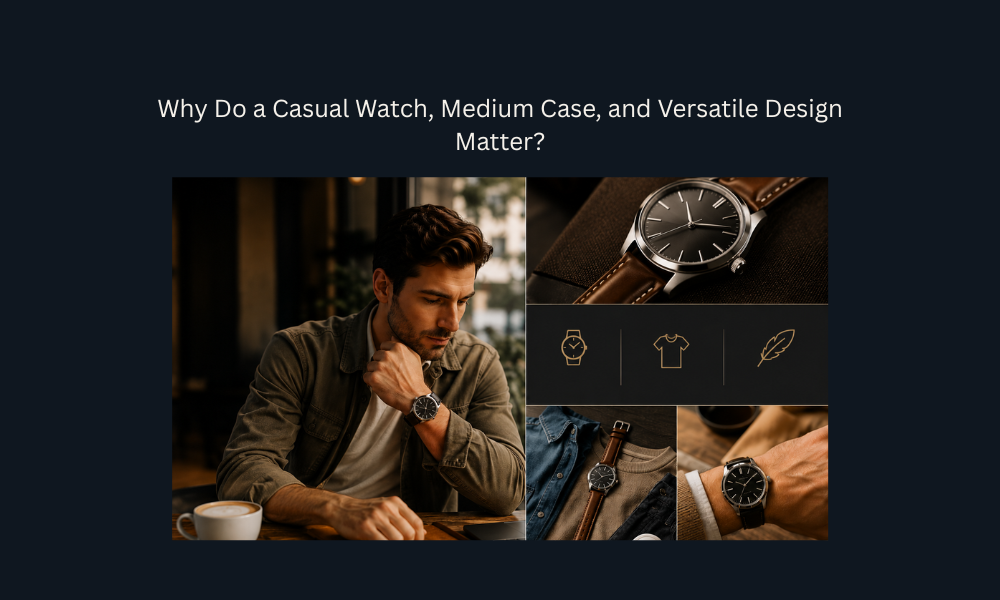 Casual watch styling showcasing a medium case size, versatile design, and everyday wearability across different outfits and settings.