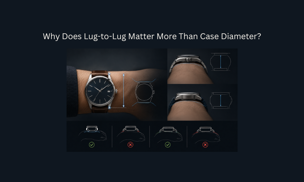 Luxury watch fit comparison illustrating why lug-to-lug length has a greater impact on wrist fit than case diameter.
