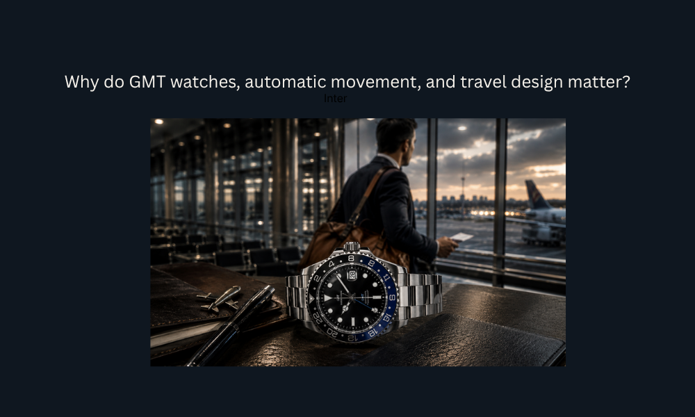Traveler wearing a GMT watch in an airport lounge before an international flight.