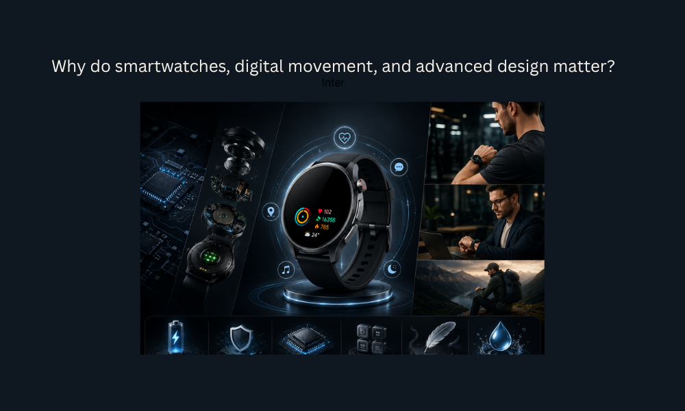 Advanced smartwatch with digital movement, health tracking features, and futuristic interface displayed in fitness, work, and outdoor environments.