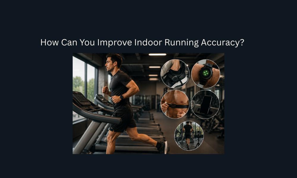 Runner using a sports watch and fitness accessories to improve indoor running accuracy.