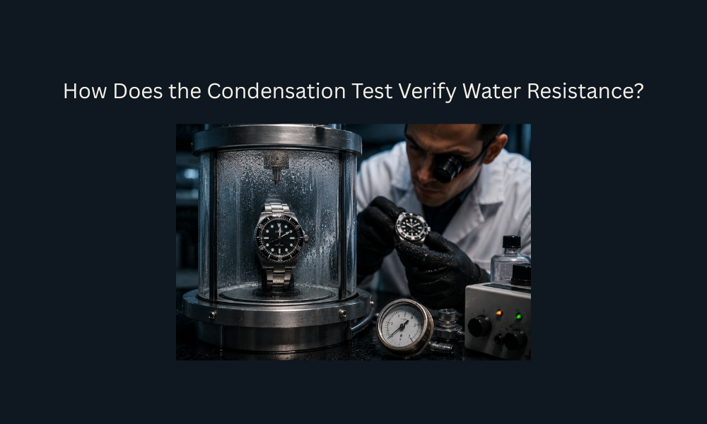 Dive watch undergoing a condensation test to verify water resistance in a testing laboratory.