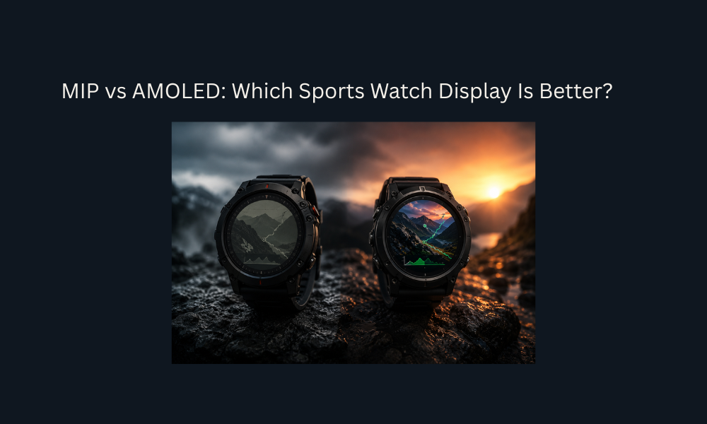 MIP and AMOLED sports watch displays compared side by side in an outdoor setting.