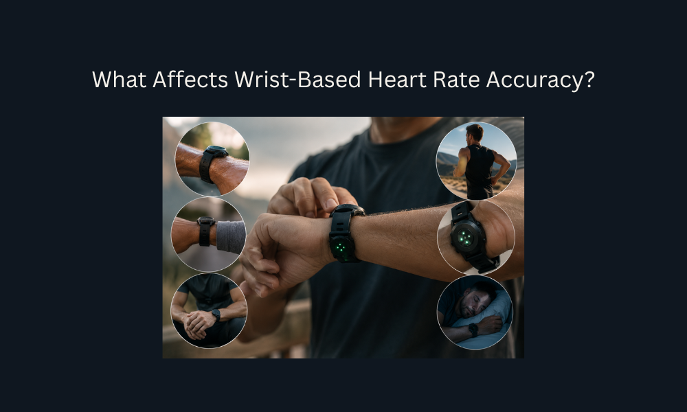 Smartwatch measuring wrist-based heart rate during exercise, rest, and daily activities.