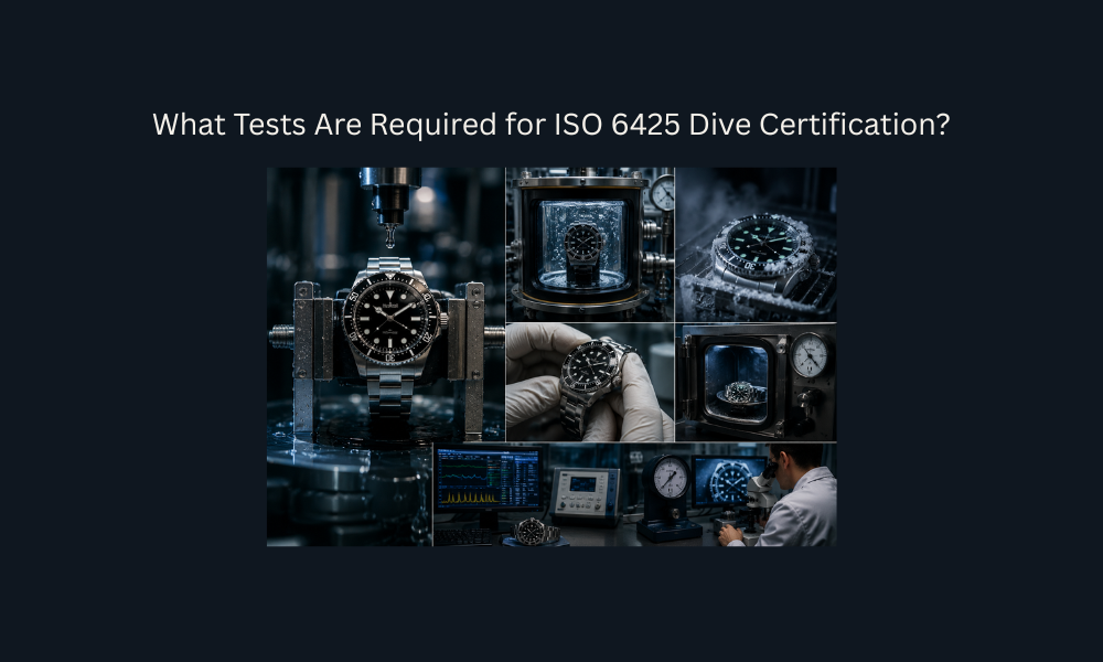 Dive watch undergoing ISO 6425 certification tests in a professional testing laboratory.