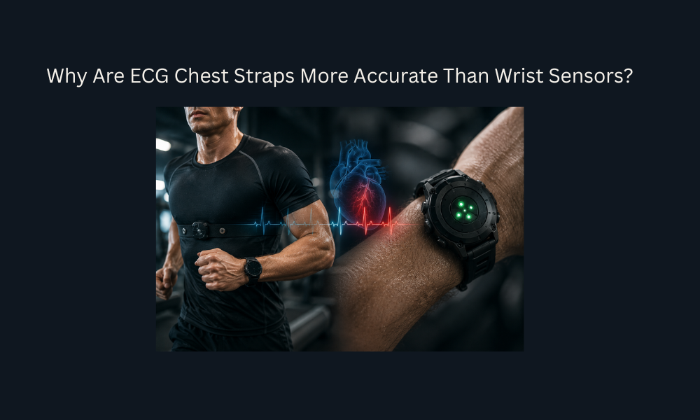 Runner wearing an ECG chest strap and smartwatch for heart rate monitoring comparison.