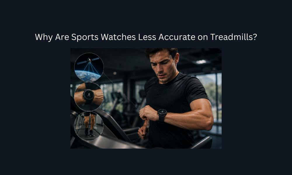 Runner using a sports watch on a treadmill during an indoor workout.