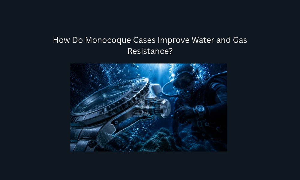 Dive watch showing a monocoque case and screw-down crown underwater.