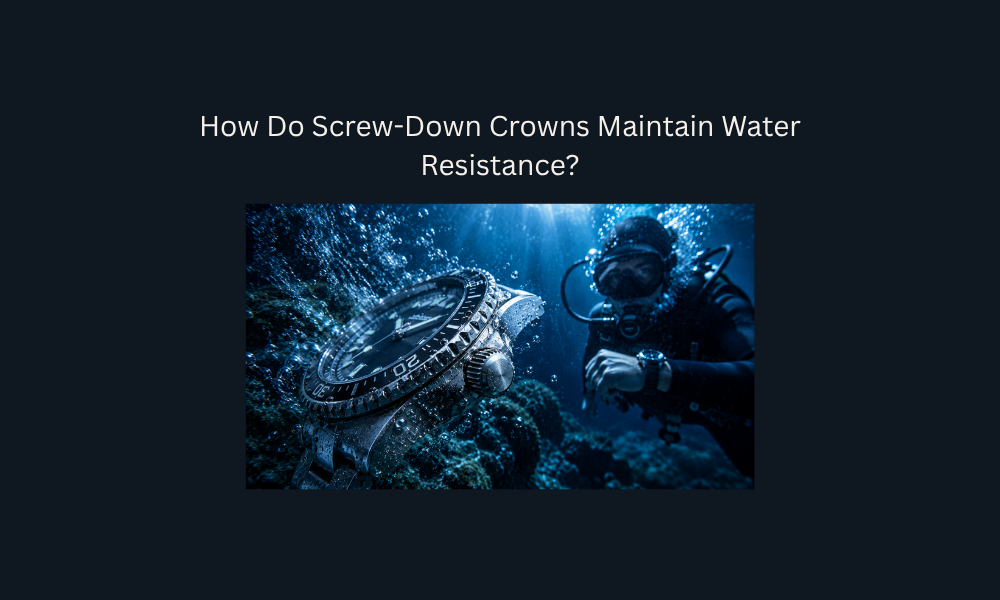 Diver underwater with a close-up screw-down crown dive watch