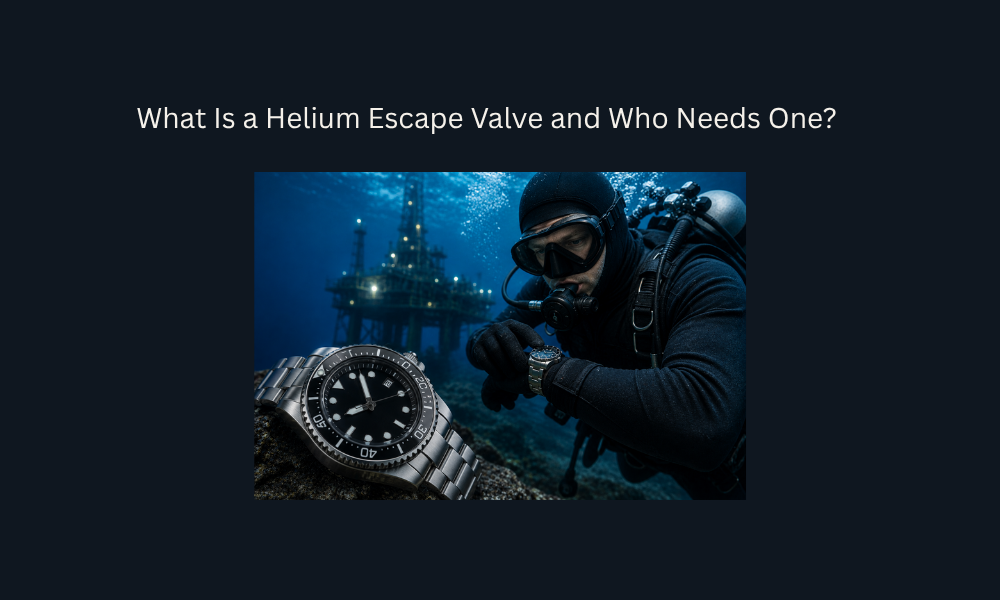 Saturation diver checking a dive watch with a helium escape valve.