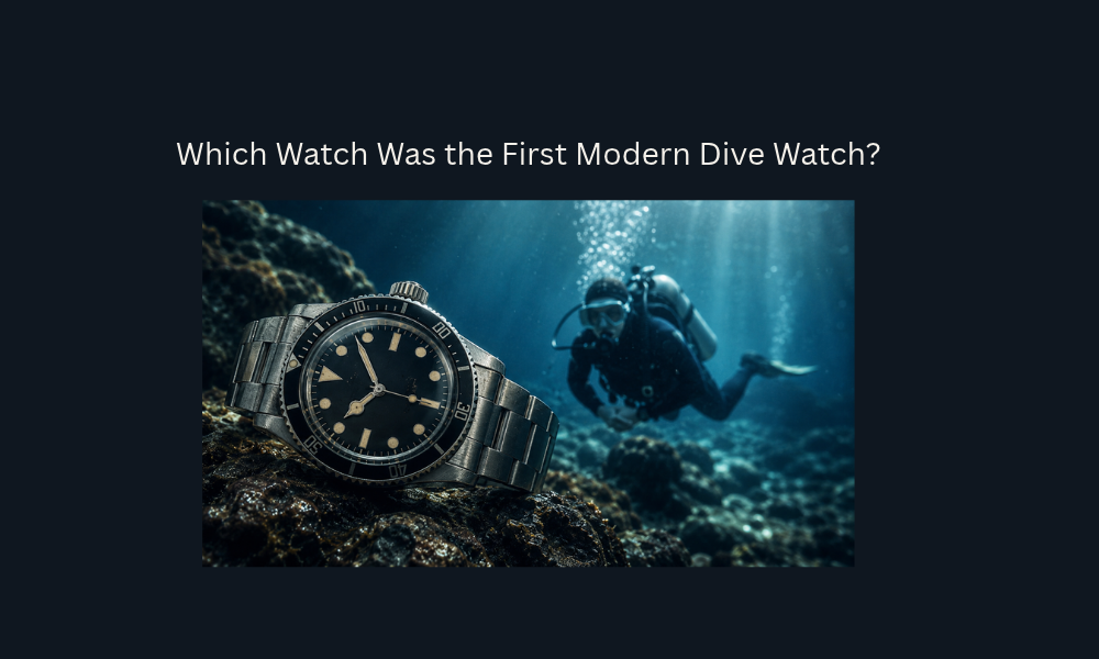 Vintage dive watch underwater, representing the first modern dive watch.