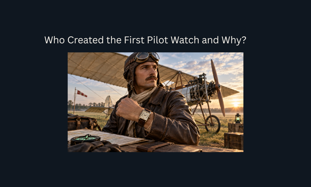 arly aviator wearing a vintage pilot wristwatch beside an aircraft.